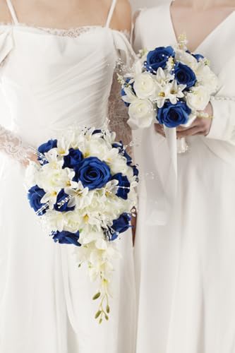 Bridal Bouquet Cascading, Royal Blue & Ivory Wedding Bouquets for Bride Bridesmaid 10" Artificial Flowers Bouquet for Wedding Decor - color: Royal Blue & Ivory
