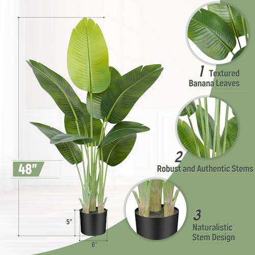 Lifelike Bird of Paradise Artificial Plant 4ft Faux Banana Leaf Tree with 9 Trunks for Home Decor - Perfect Indoor Silk Floor Plant for Living Room, Office, and Bedroom Ambiance Enhancement - size: 4ft