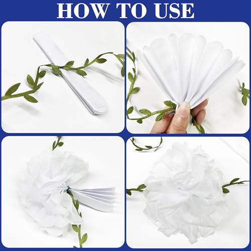 Blue and White Floral Royal Blue Tissue Flowers Pom Pom with Sage Green Leaf Ribbon Hanging Streamer Garland for Birthday Baby Shower Wedding Engagement Chinoiserie Theme Party Decorations Supplies - color: Blue Floral