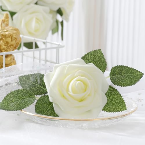 DerBlue 60pcs Artificial Roses Flowers Real Looking Fake Roses Artificial Foam Roses Decoration DIY for Wedding,Arrangements Party Home Decorations - color: Cream White