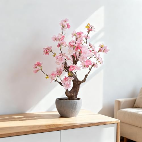 TOARTi Artificial Pink Cherry Blossom Potted Plant with Stone Pot, 18" Tall Fake Flowers Faux Plants Desk Plant, Realistic Plants Home Indoor Decor for for Home Bedroom Bathroom Office Desk - color: Pink Cherry Blossoms 18''