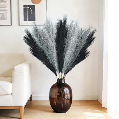 TORONTOKYO 8Pcs Black and Grey Faux Pampas Grass Tall Decor, 35.4” Fluffy Artificial Pompous Grass Branches, Large Pampas Grass Reed Stems for Floor Vase Filler, Wedding, Baby Shower, Home Boho Decor - color: Black, Grey, Silver, size: 35.4inch-8Pcs