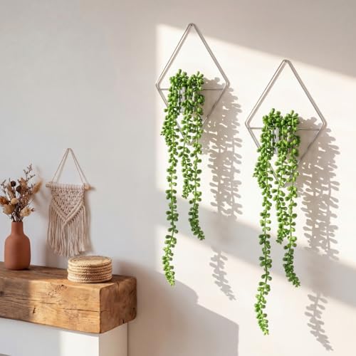 Canlierr 2 Pieces Wall Decor Hanging Planters with Artificial Plants Metal Hanging Vase Indoor Plants Holder Modern Boho Wall Art for Bathroom Bedroom Living Room Decor, Silver, Succulents - color: Silver, size: Succulent