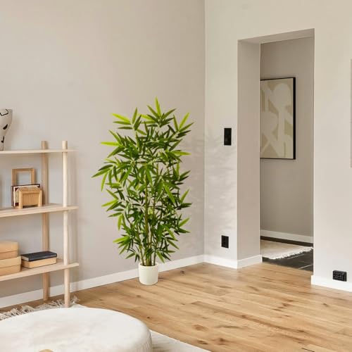 Warmplants Artificial Bamboo Tree, 5ft Tall Fake Bamboo Plant with White Planter, Faux Trees with 5 Trunks and Lifelike Leaves for Indoor Outdoor Home Office Décor - color: Bamboo, size: 5ft