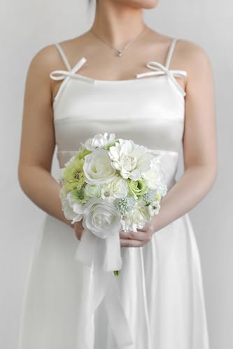 Fake Flowers Heads Bulk White Green Mini Artificial Silk Flower for Crafts, Small Artificial Daisy Roses Faux Flowers for Graduation Cap DIY Cake Wedding Party Home Garland Decoration - color: White Green