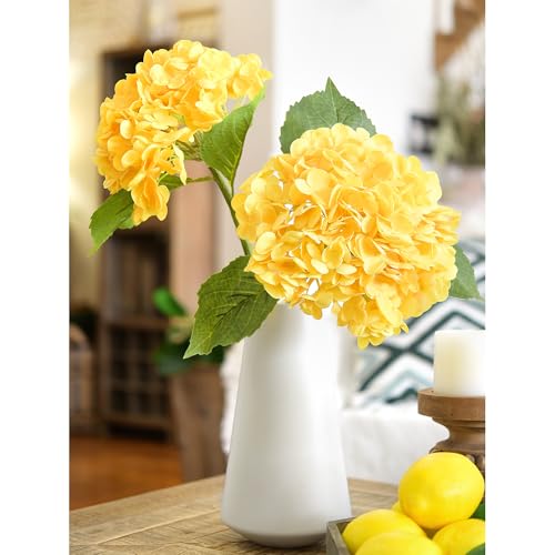 FiveSeasonStuff Real Touch Silk Hydrangea Flowers, 2 Large Long Stem Artificial Flowers for Floral Arrangements (Sunbeam Yellow) - color: Sunbeam Yellow