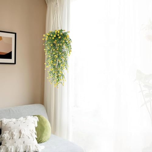 Artificial Hanging Flowers for Outdoor Indoor Decor , 6 packs Fake Eucalyptus Vine Faux Flower Greenery Garland Plastic Plants Outside UV Resistant Wall Garden Wedding Home Party Decor (Yellow) - color: Yellow