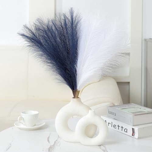 Ureymx Faux Pampas Grass Decor 17.7 Inch 30pcs, Artificial Pompas Grass Bulk Artificial Dried Flower Small Vase Filler for Boho Home Wedding Decoration (Blue/White) - color: Blue/White, size: 17 Inch 30 Pcs