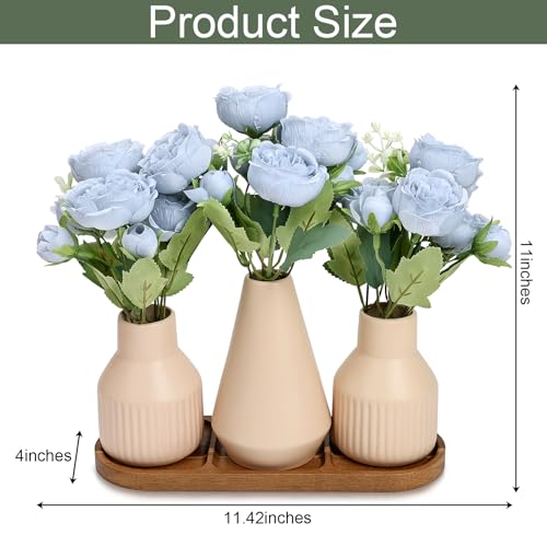 Flower Table Centerpiece - Dining Table Centerpiece Decor Set of 3 Fake Peonies in Ceramic Vases & Wood Tray Modern for Kitchen Island Living Room Coffee Table Home Decor (Blue) - color: Blue