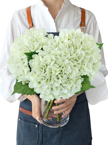 JINWOE Artificial Hydrangea Flowers, 3pcs 21" Latex Real Touch Spring Faux Hydrangea Flowers, Lifelike Artificial Hydrangeas for Porch Bouquets Wedding Home Table Centerpieces （White&Light Green） - color: White/Light Green