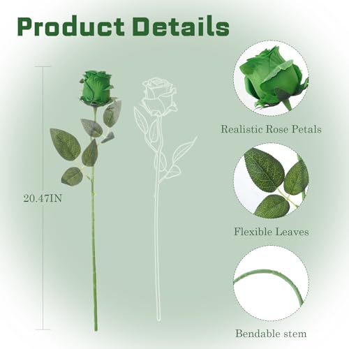 12Pcs Realistic Fake Roses Faux Flowers with Long Stems, Artificial Silk Rose Flowers for Valentines Day Home Wedding Decor Bridal Bouquet (Green) - color: Green