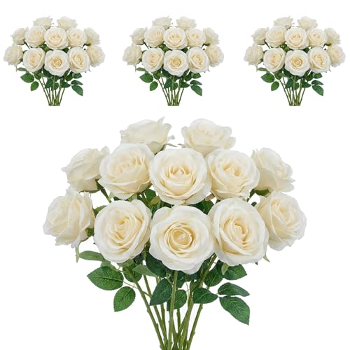 55 Pcs Ivory Roses Artificial Flowers Bulk, Artificial Roses Fake Flowers with Adjustable Stems, Soft Foam Roses for DIY Wedding Bouquets, Bridal Shower Centerpieces, Home Party Decor - color: Ivory