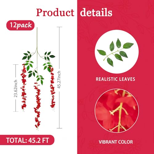 12 Pack Red Wisteria Hanging Flowers Garland, 3.77 Feet Artificial Flower Vines, Fake Wisteria, Artificial Vines Hanging Garland for Backdrop Outdoor Yard Garden Decor - color: Red, size: 12 PCS