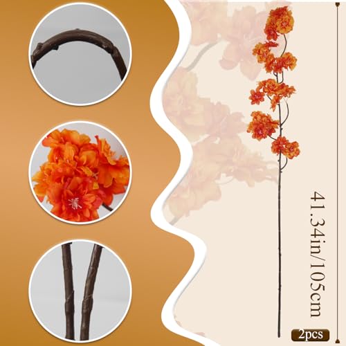 2 Pcs Artificial Cherry Blossom Flowers Branches 41" Faux Cherry Blossom Long Stem Orange Silk Cherry Blossom Tree Tall Fake Flower Arrangement for Home Wedding Centerpieces Spring Indoor Decor - color: Orange