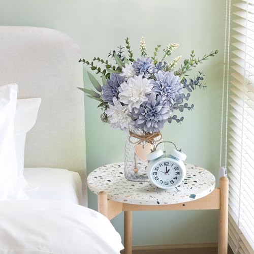 MARTINE MALL Fake Flowers in Vase, Faux Flowers in Vase, Dahlia Artificial Flowers in Vase Centerpiece Table Decorations Artificial Flower Arrangement for Home Dining Room Office Farmhouse, Blue - color: Blue Dahlia