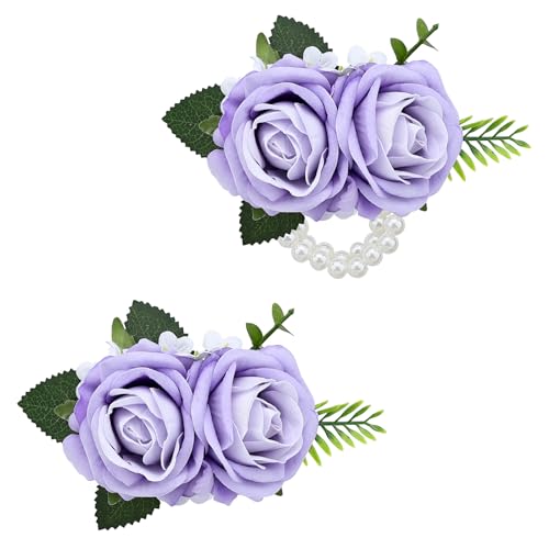 2Pcs Purple Rose Wrist Corsage and Men Boutonniere Set, Artificial Wristlet Band for Wedding Bride Bridesmaid Flowers Accessories Prom Party Groom Groomsmen Suit Decor - color: Purple
