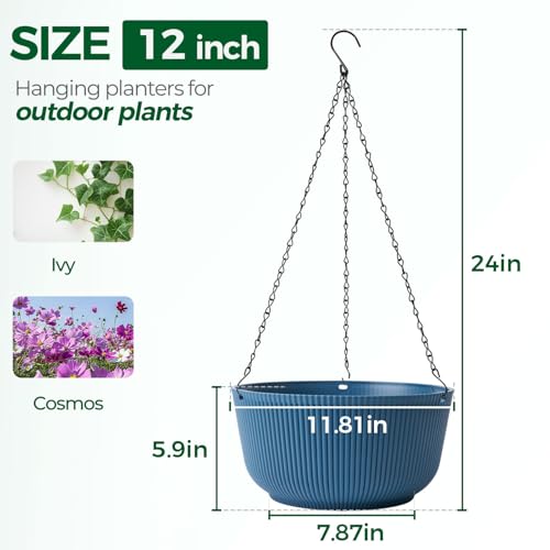 T4U 12 Inch Large Hanging Planters for Outdoor Plants, 2 Pack Self Watering Pots Indoor, Hanging Baskets for Plants,Hanging Flower Pot with Drainage Hole and Plant Hanger, Blue - color: Blue, size: 12 Inch