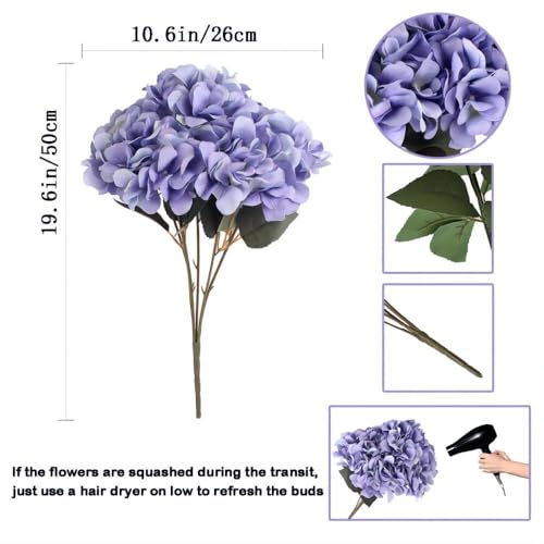 2Bouquets Artificial Fake Flowers Silk Hydrangea Arrangements Wedding Bouquets Decorations Plastic Floral Home Kitchen Garden Party Festival Bar DIY (Purple) - color: Purple, 5 Flower Heads