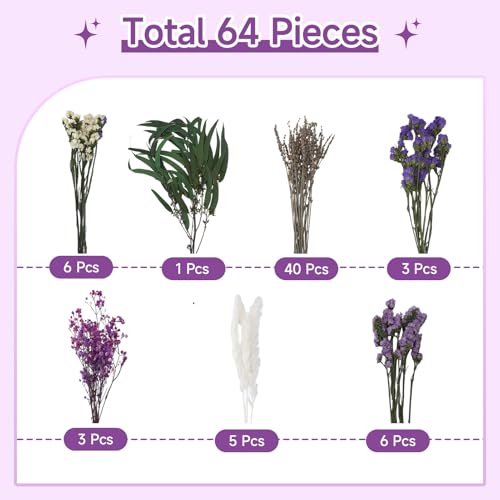 2 Pack Large Dried Flower Bouquets 15.7 inch Lavender Baby Breath Forget Me Not Boho Wedding Decor DIY Home Decorations Preserved Floral Arrangement Gifts Purple, White - color: Purple, White
