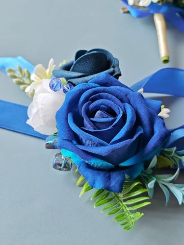 Corsage and Boutonniere Set with Athens Blue Roses for Bride, Groom, Bridesmaids Groomsmen Weddings, Proms, Homecomings. Perfect Party Suit Decor Wedding Flowers Accessories (Athens Blue) - color: Athens Blue