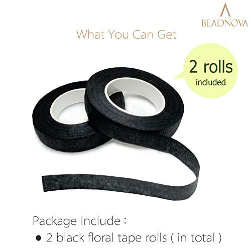 BEADNOVA Floral Tape 1/2inch Black Flower Tape for Bouquets Floral Arranging Stem Wrap Craft (Black 2roll, Total 60yards) - color: Black