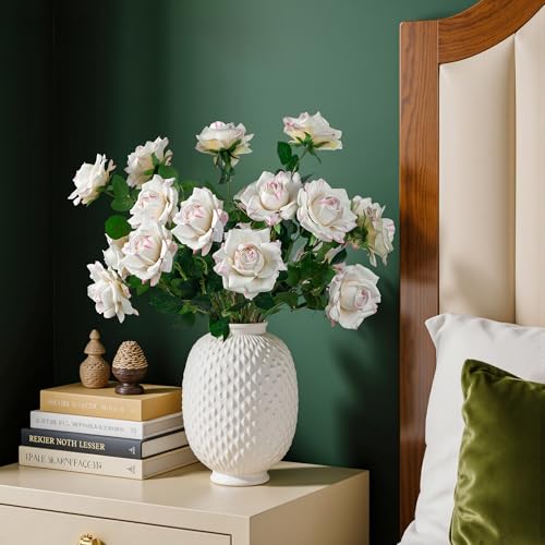 Artificial Flowers Artificial Roses Fake Roses 23.2In Long Stem Artificial Flowers for Tall Vase Silk Rose Suitable for Wedding Decor Valentine's Day DIY Bouquet Spring,Pattern White,20PCS - color: Pattern White