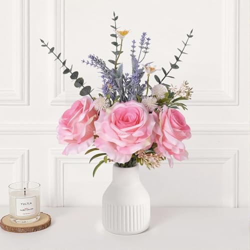 Artificial Flowers in Vase, Silk Roses Flowers Artificial Eucalyptus Lavenders Small Daisies and Fake Plants in White Ceramic Vase, Faux Flowers for Coffee Table Décor, Spring Decorations for Home - color: Blush