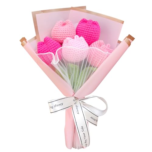 Rimvoe Crochet Tulip Flower Bouquet, Handmade Knitted Artificial Tulip Flowers, Gift for Mom Wife Women(Pink)