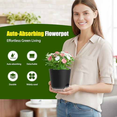 Plant Pots 7 Inch Self Watering Pots, 6 Pack Plastic Planters with Drainage Holes and Clear Saucers,Plastic Flower Pots for Indoor Out Door Plants (Black) - color: Black, size: 7 inch