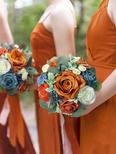 Rinlong Navy Terracotta Bridesmaid Bouquet, Fall Wedding Bouquets | Bridal Bouquet, Prom, Homecoming, Wedding, Destination Friendly - color: 07-blue & Burnt Orange