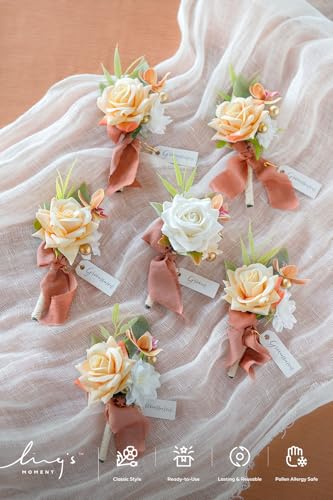Ling's moment Boutonniere for Men, 6pcs Groom Groomsmen Boutonniere, Artificial Flowers for Wedding Decor/Prom/Homecoming, etc.Terracotta White - color: Or-terracotta & White
