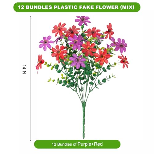 ADXORA 12 Bundles Outdoor Artificial Flowers Faux Silk Flower Daisy UV Resistant Flowers for Garden Patio Porch Window Box Fake Flowers Outdoor Indoor Decor - color: Purple,red