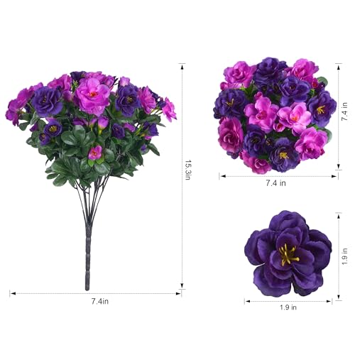 Artificial Faux Outdoor Flowers Plants for Spring Summer Decoration, Fake Silk Camellia UV Resistant Look Real for Planter Outside Front Door Porch Patio Balcony, 3 Large Bundles (Purple+Fuchsia) - color: Purple+fuchsia