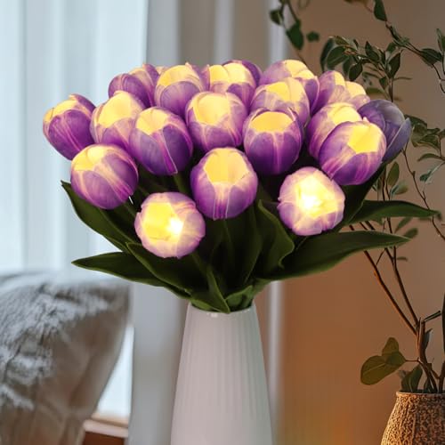 HOMESEASONS 20 Stems LED Lighted Artificial Flowers Tulip Lamp Real Touch Tulips Faux Flower Lights for Valentine's Day and Easter Home Kitchen Wedding Dining Table Decor(Purple) - color: Purple