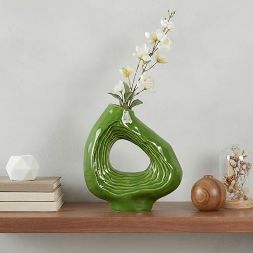 Sunddo Donut Ceramic Flower Vase, Green Modern Vase for Flowers, Boho Style Decorative Vases for Living Room, Bookshelf, Mantle Entryway, Table or Console Décor, 9 Inch - color: Green, size: 9 inch