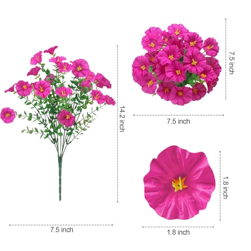 Ouddy Decor 24 Bundles Artificial Flowers for Outdoors Decoration Fake Silk Morning Glory Flowers Faux Eucalyptus Plants UV Resistant for Porch Patio Garden Spring Summer Home Decor, Fuchsia - color: Fuchsia