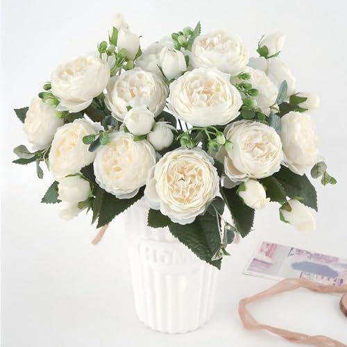 Artificial Peony Flowers Silk Peony Rose Real Touch Fake Flowers 3pcs Single Stem with 5 Heads Bouquet for Home Wedding Party Decoration (White) - color: White