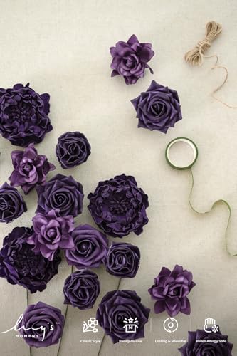 Ling's moment Artificial Flowers Fake Roses Faux Peony Foam Gardenia Combo for DIY Wedding Bouquets Centerpieces Arrangements Bridal Shower Party Home Decorations, Purple, 23pcs - color: Prpl-purple