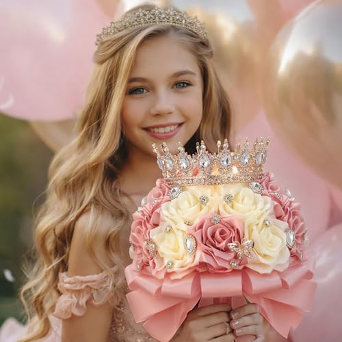 Suncalla 8.7" Ramo de Quinceañera Peach Pink & Cream Bridal Wedding Bouquet with Crown Satin Rose Bling Artificial Flower Bunch Inspiración Ramos para Quinceaños for Bride Wedding Quinceanera