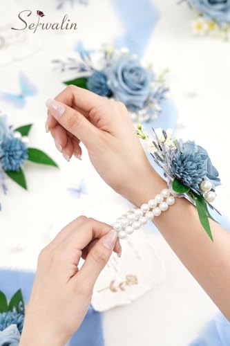 Serwalin 6 PCS Wrist Corsages for Wedding, Girl/Mother Bride Bridesmaids Corsages Wristlet Decor for Prom Wedding Anniversary Homecoming (Blue & Dusty Blue) - color: Dusty Blue, size: Corsage 6pcs