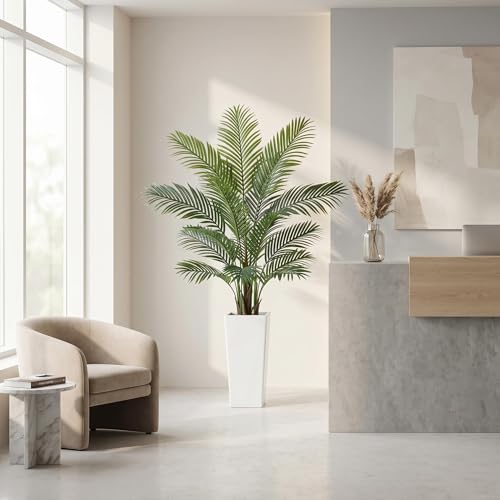 5FT Artificial Palm Tree in Tall White Planter, Realistic Faux Tropical Plant with UV-Resistant Leaves, Maintenance-Free Indoor Outdoor Palm Trees Floor Plant for Patio Home Office Porch Decor