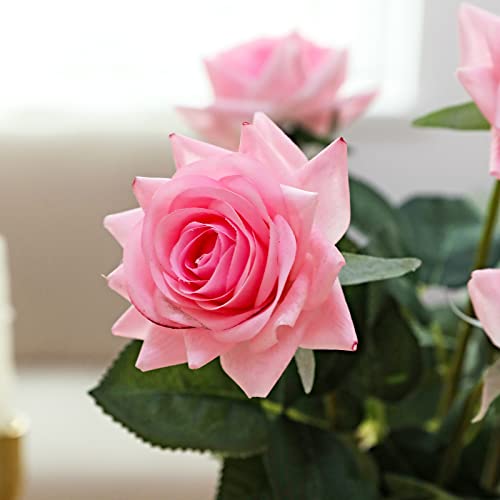 ZMZQ&flw Pink Roses Artificial Flowers 12PCS, Real Touch Silk Flowers, Realistic Single Fake Flower with Individual Stems Leaves - color: Pink 12pcs
