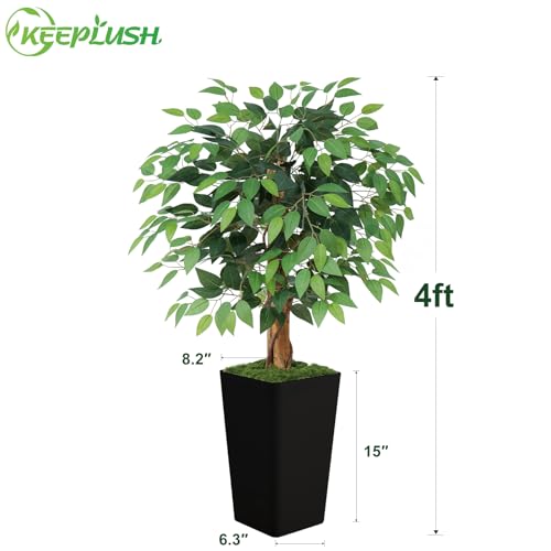 4ft Ficus Artificial Tree with 3 Natural Curved Trunks, 48" Tall Lush Faux Tree for Home Decor Indoor, Green Lifelike Fake Ficus Tree with Black Planter Pot - color: Black Planter, size: 4ft