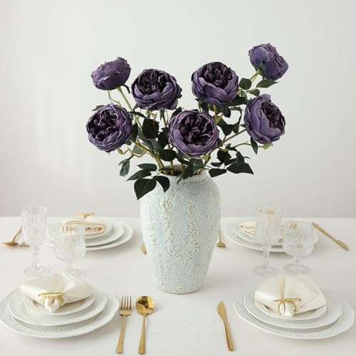 mizii 6Pcs Burnt Purple Artificial Roses Flowers Fake Silk Roses Flower with Long Stem for Wedding Decorations Table Centerpieces Flower Arrangement Home Decor (Burnt Purple) - color: Burnt Purple