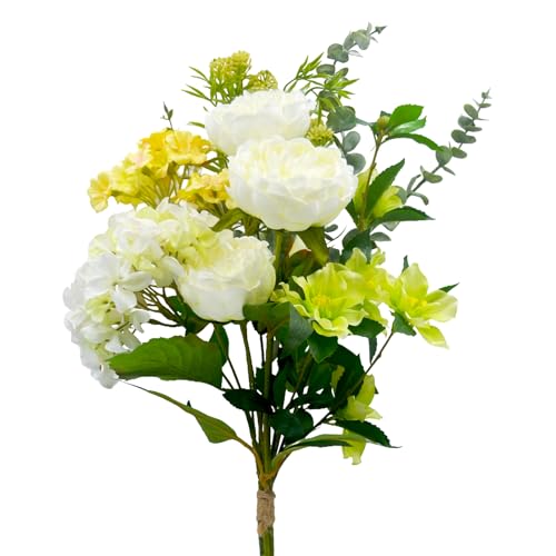 Artificial Flowers Bouquet – Fake Silk Hydrangea Peony and Eucalyptus Mix, Faux Flower Arrangements for Home, Office Decor and Dining Table Centerpieces (White Yellow&Green) - color: White Yellow &Green