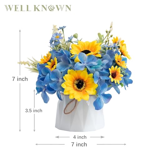 WELL KNOWN Small Fake Flowers in Plastic Vase 7" Centerpieces Coffee Table Decor, Silk Sunflower Arrangement for Home Decor Artificial Flower Bouquet for Dining Room Kitchen Wedding Summer Yellow Blue - color: Sunflowers & Blue