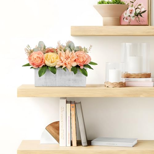 DILATATA Flower Arrangement with Wooden Vase 10" Artificial Flowers in Pot - Fake Flowers in White Rectangular Wooden Vase Potted Faux Flower Centerpieces for Table Decor Living Room - Orange - color: 10"l Orange