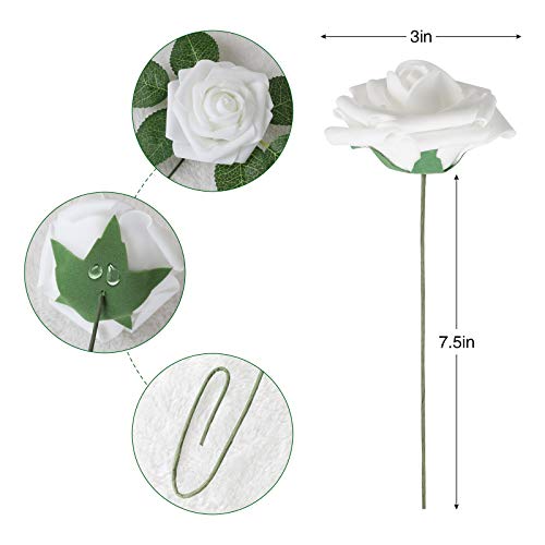 AmyHomie Artificial Flower White Rose 25pcs Real Looking Fake Roses w/Stem for DIY Wedding Bouquets Centerpieces Arrangements Party Baby Shower Valentines Day Christmas Tree Decorations - color: White