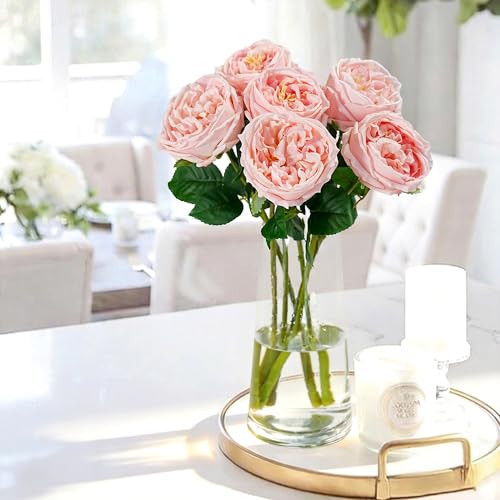 6Pcs Peonies Artificial Flowers, 17'' Real Touch Peonies Fake Flower, David Austin Roses Fake Peonies in Pot for Home Decor Wedding Balcony Bathroom Party Valentines Arrangement, Pink - color: Pink