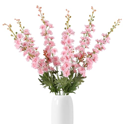 6 PCS Pink Delphinium Artificial Flowers, Long Stem Artificial Flowers with Bendable Stems, Silk Larkspur for Tall Vase Home Garden Wedding Table Decor - color: Pink
